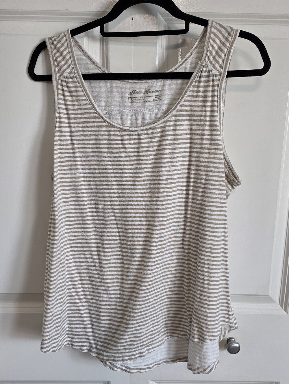 Eddie Bauer Beige and White distressed Striped Scoop Tank